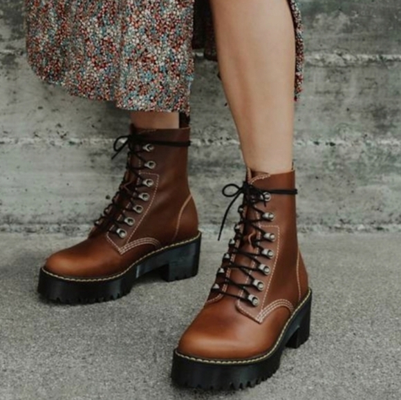 Dr. Martens Shoes - Dr. Martens Leona Brown Leather Platform Chunky Lace Up Boots Women's Size 7